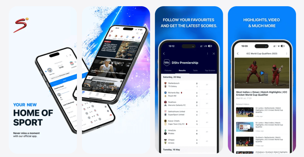 SuperSport app interface showing live streams, match schedule, sport tabs, and playback screen for watching events