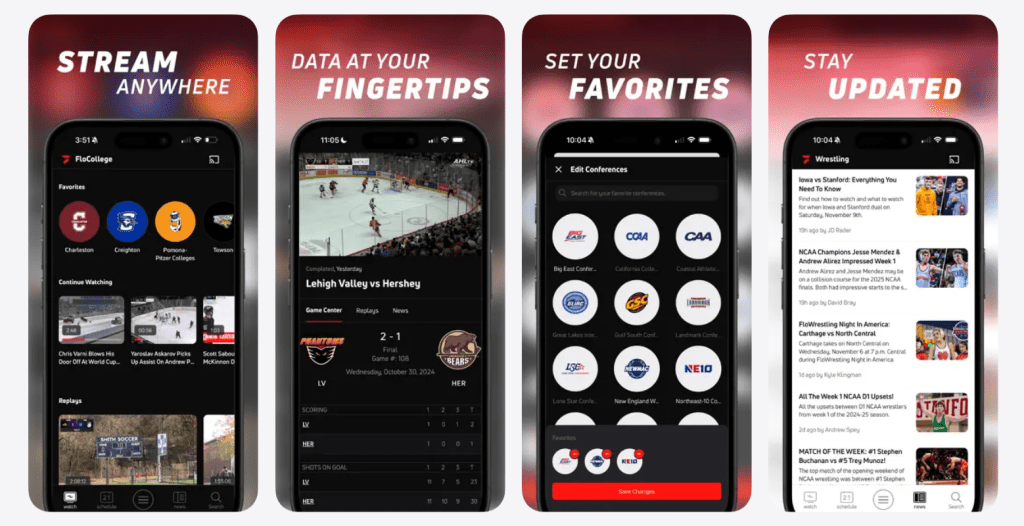 FloSports app interface showing event listings, sport tabs, search, and playback screen for watching live coverage