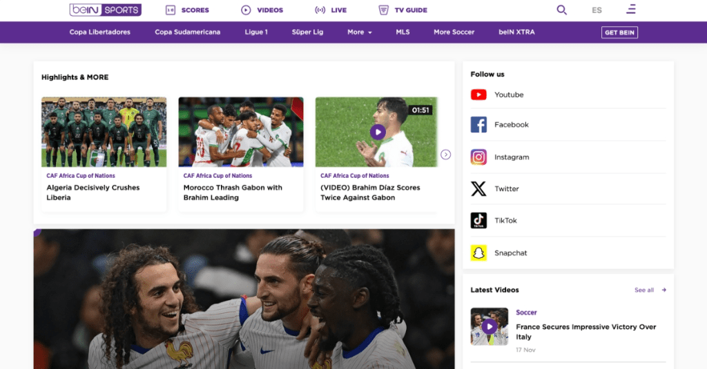 beIN Sports homepage showing live match coverage, upcoming fixtures, and sports categories across the streaming lineup