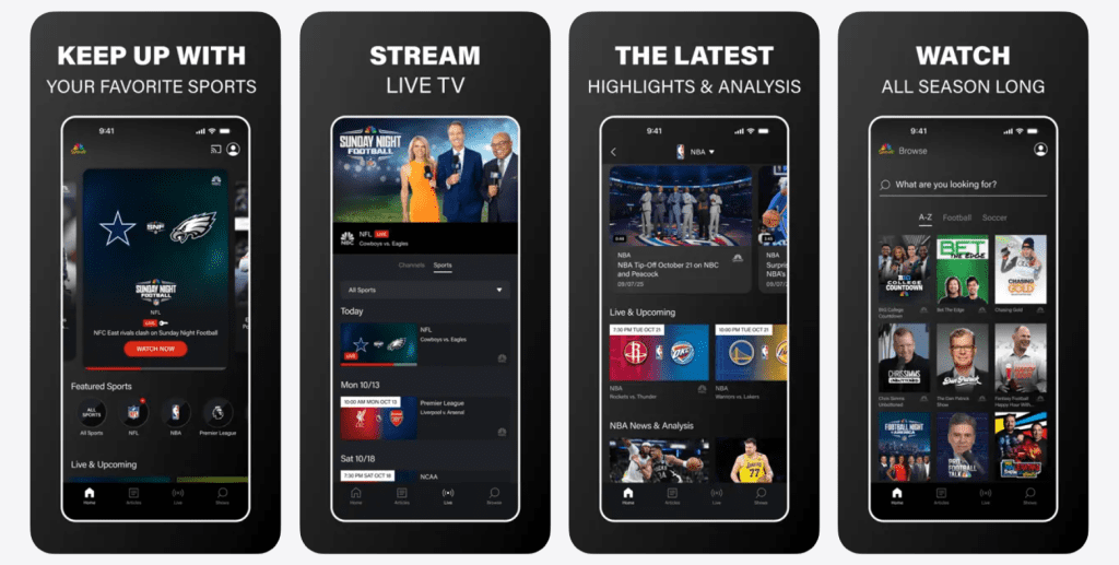 NBC Sports app interface showing live streams, scores, schedules, and playback screen for watching sports content