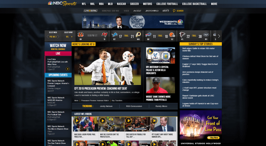 NBC Sports homepage showing live events, featured games, and sports highlights across leagues and competitions