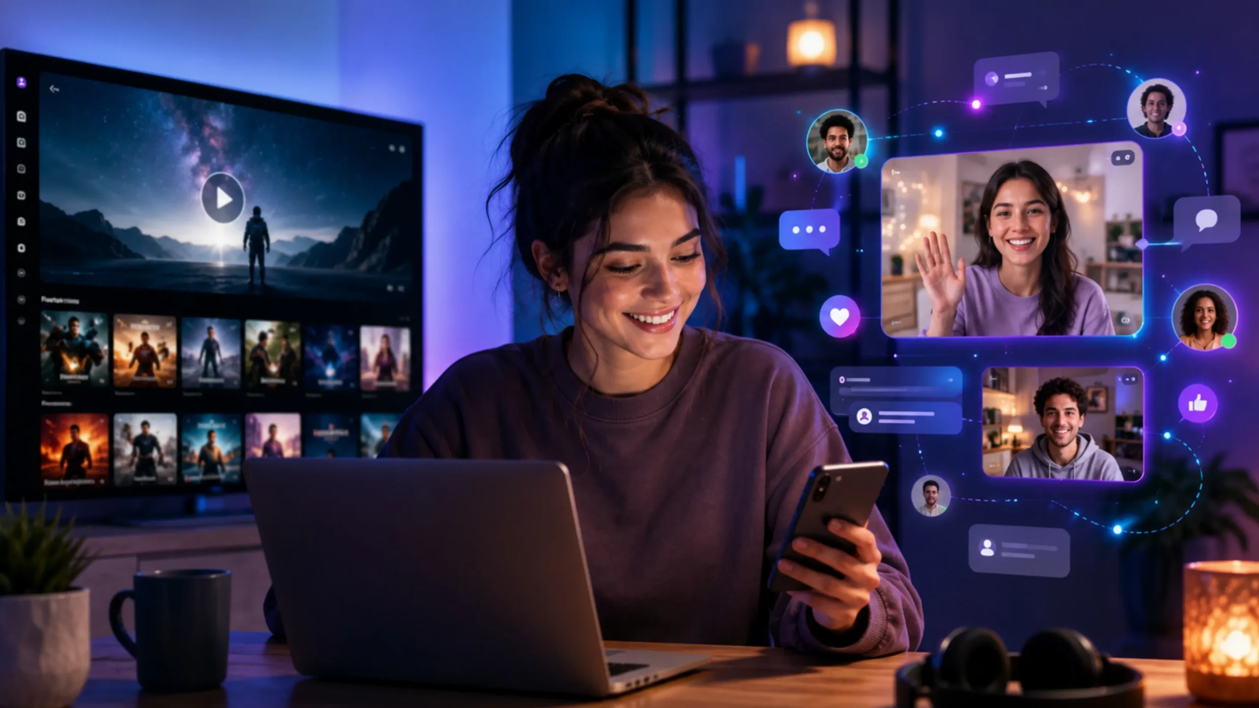 Woman using a laptop and smartphone while exploring streaming content and live online chat options at home