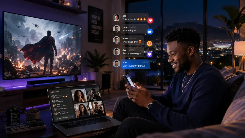 Man watching a superhero movie on television while using his phone and laptop for live online chat